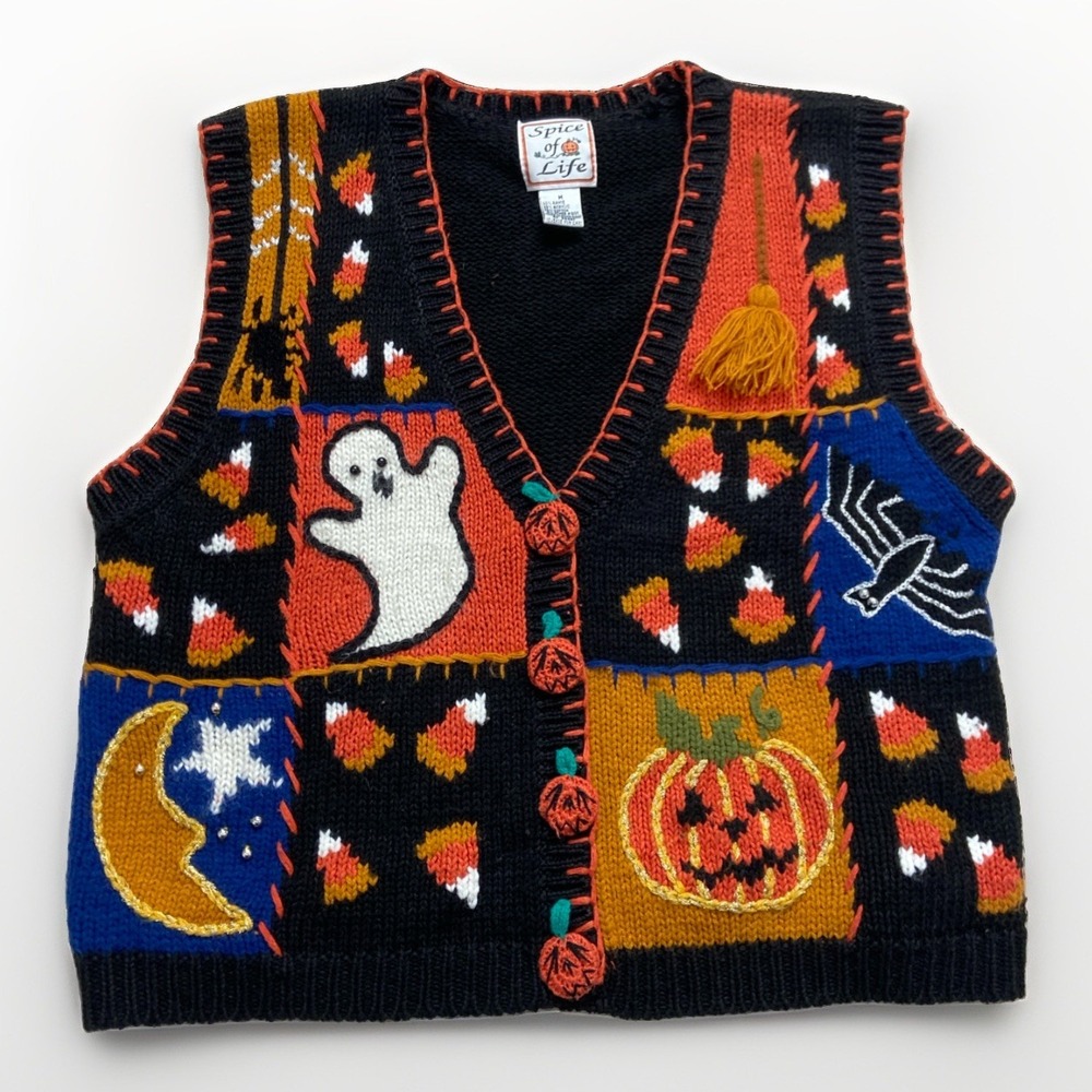 Spice of Life Halloween Sweater Vest Womens M Ghosts Pumpkins Vtg 90s Cardigan